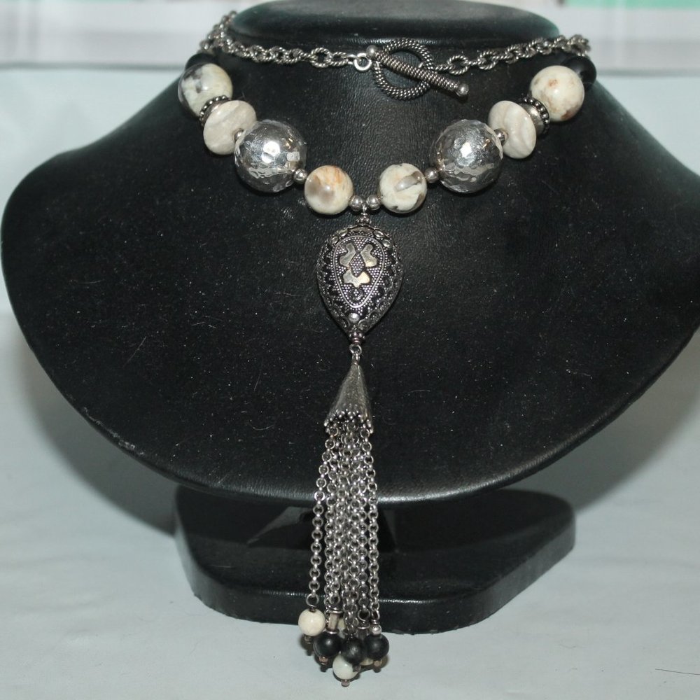 Vintage Ornate 925 Sterling Cable Link & Stone Bead Tassel Necklace 79 Grams